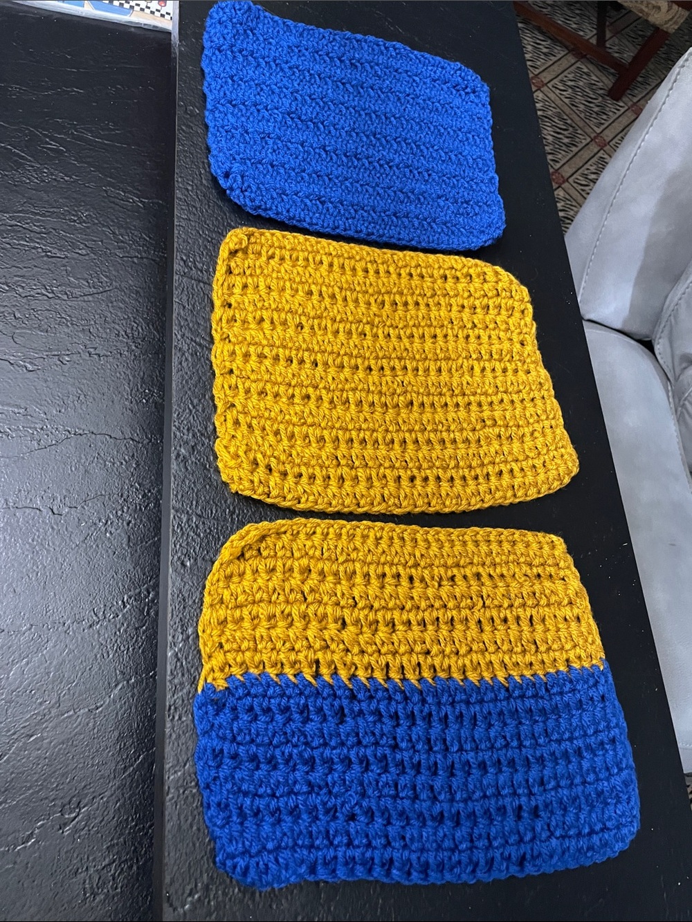 Hand-Crocheted Dishcloths in Royal Blue & Mustard Yellow Set of 3 Approx. 8x11